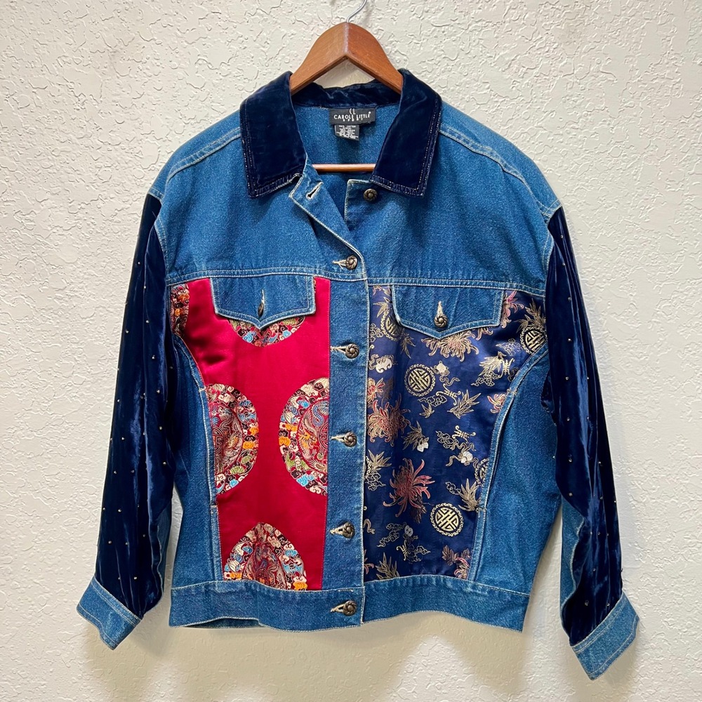 Carole Little Vintage Denim Jacket Velvet Beaded Asian Silk Appliqueโ Patchwork